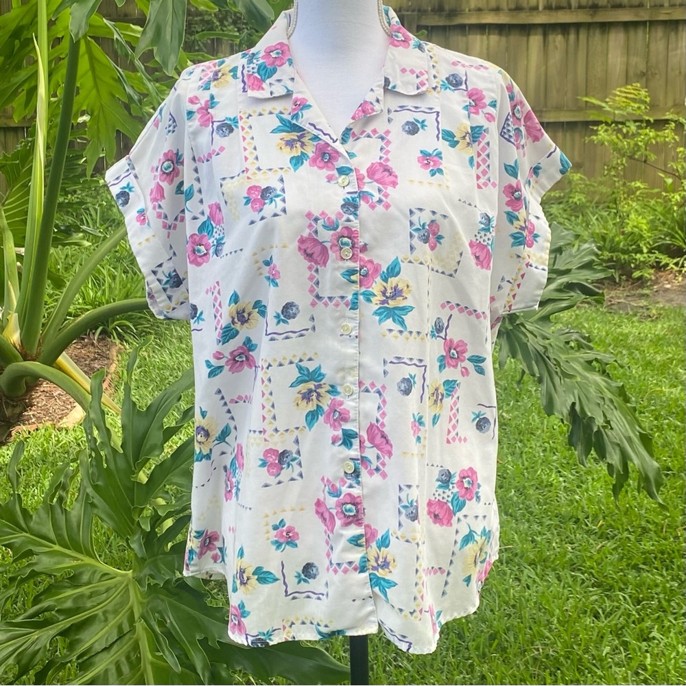 ACTIII Vintage Plus Floral Button Front Top Short Sleeve Blouse Plus Size